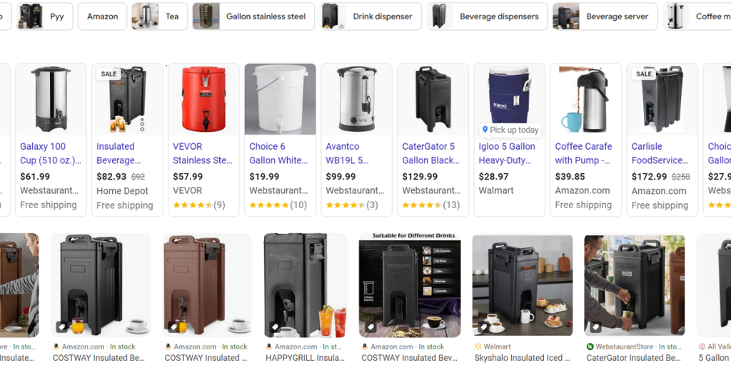 This screenshot is just a tiny fraction of the types of 5-gallon coffee dispensers on the market these days.